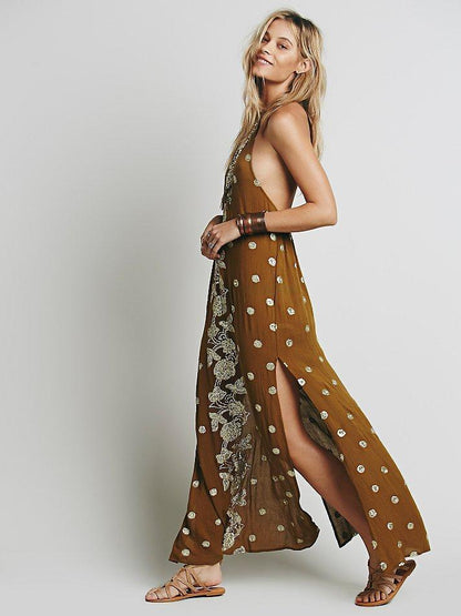 Emboridery Split-side Halterneck Backless Maxi Dress