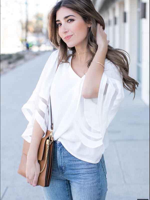V-neck Flared Sleeves Loose Blouses&shirts Tops