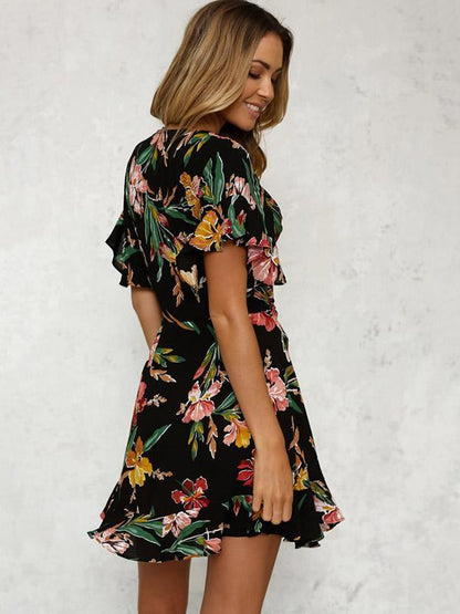 Floral Printed Falbala Belted Mini Dress