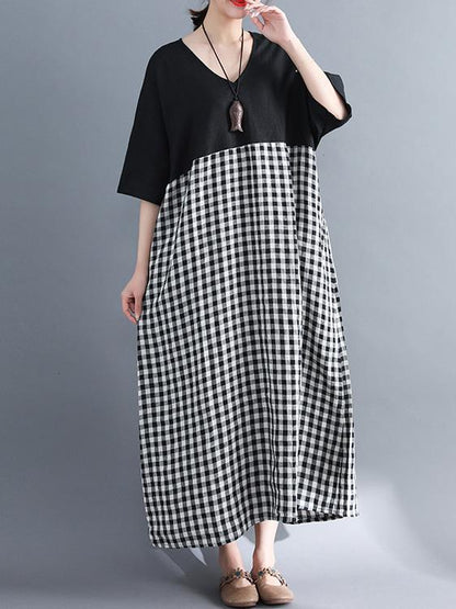 Woman Daily Cotton Long Dress in Black and White Color