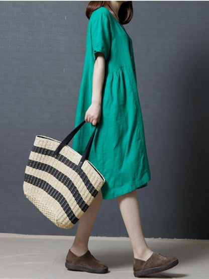 Casual Three-quarters Sleeves Short Cotton Dress, Three Colors