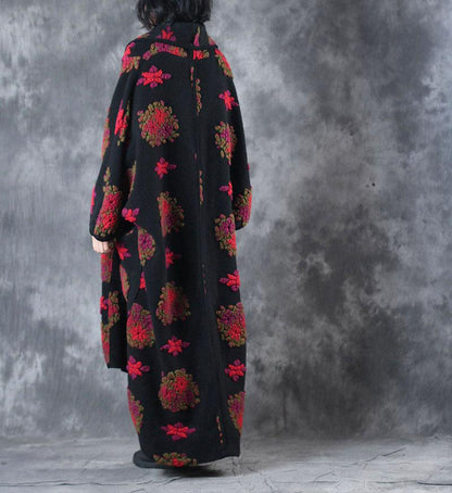 Plus Size Women Woolen Overcoat Winter Retro Long Sleeve Coat
