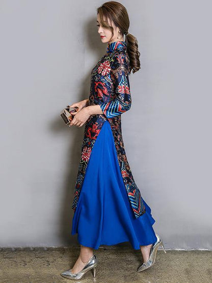 Original Long Dress in Blue Color with Floral Print