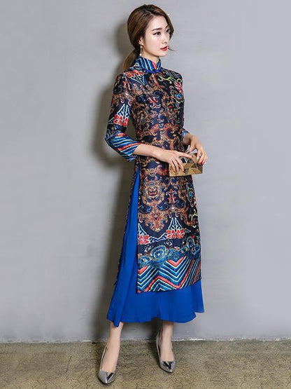 Original Long Dress in Blue Color with Floral Print