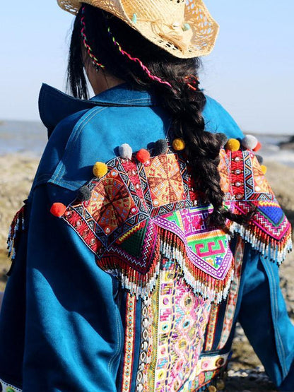 Beautiful Blue Embroidered Stand Collar National Style Jacket Tops