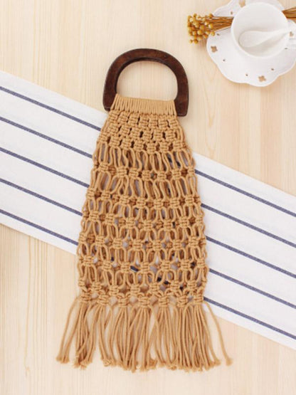 Fishing Net Wooden Handle Tasseled Tote Bag