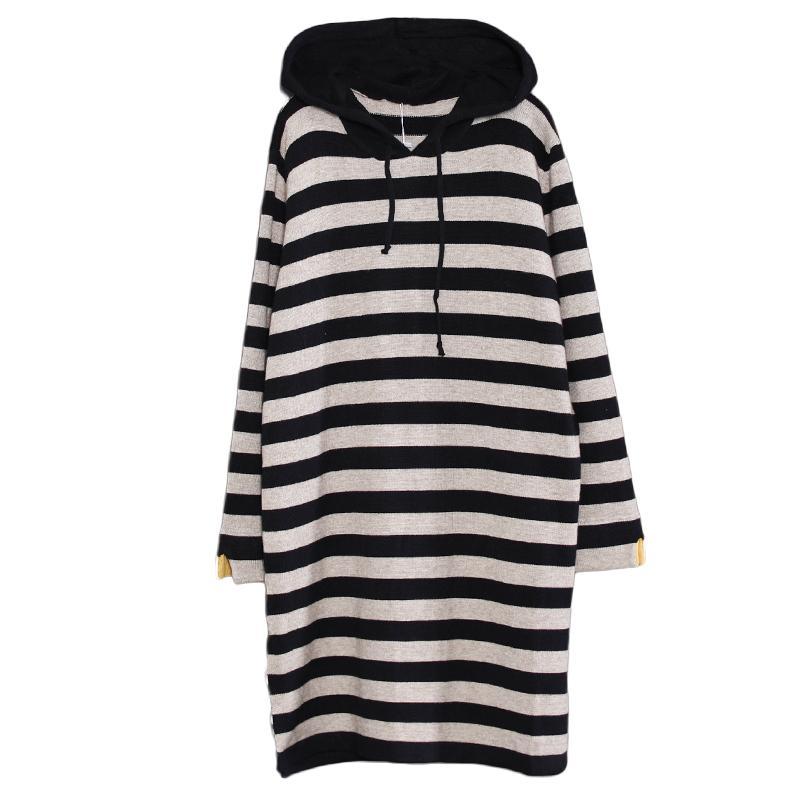 Women Cotton Hooded Striped Black Gray Sweater Dress