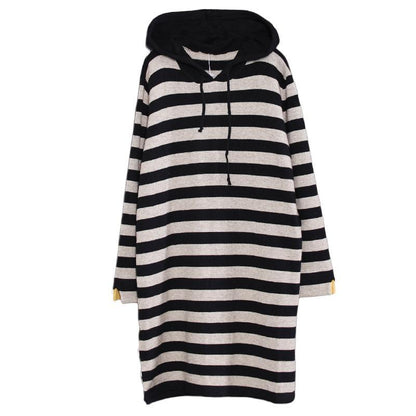 Women Cotton Hooded Striped Black Gray Sweater Dress