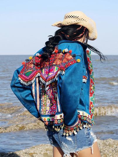 Beautiful Blue Embroidered Stand Collar National Style Jacket Tops