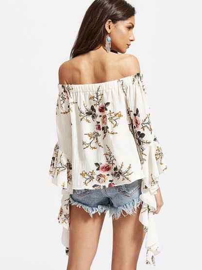 Popular Fashion Floral-Print Off-Shoulder Long Sleeve T-Shirts Tops
