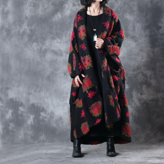 Plus Size Women Woolen Overcoat Winter Retro Long Sleeve Coat