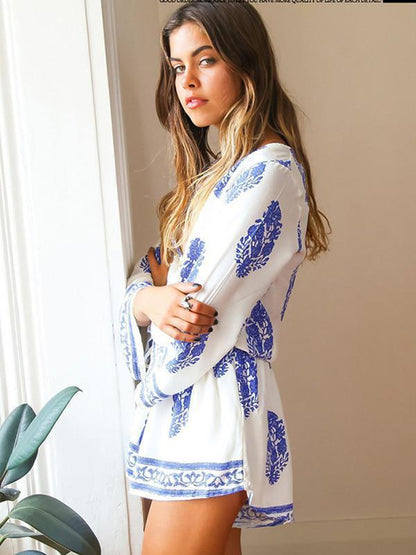 Sweet White and Blue Floral Long Sleeve Deep V Neck Jumpsuit
