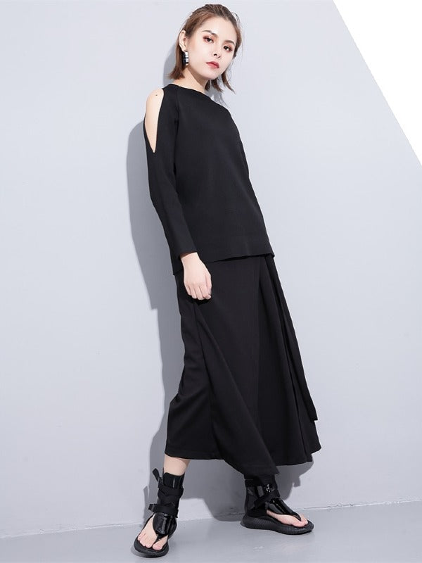 BLACK LOOSE CASUAL PANTS LACE-UP WIDE LEG PANTS