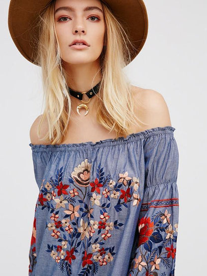 Open Shoulder Long Sleeves Mini Dress with Floral Print