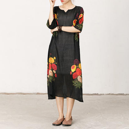 Thin And Light Casual Flowers Split Hem Dress