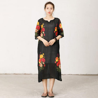 Thin And Light Casual Flowers Split Hem Dress