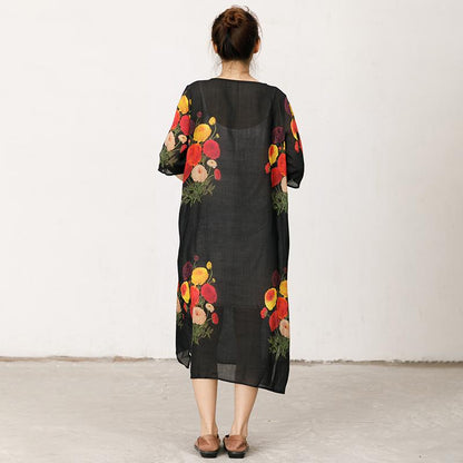 Thin And Light Casual Flowers Split Hem Dress