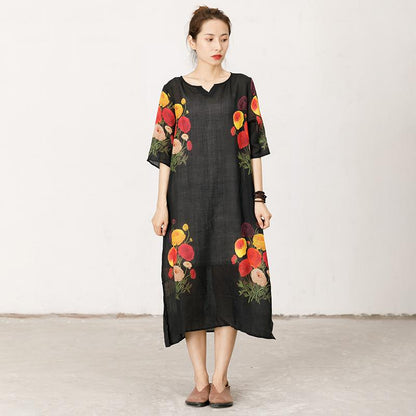 Thin And Light Casual Flowers Split Hem Dress