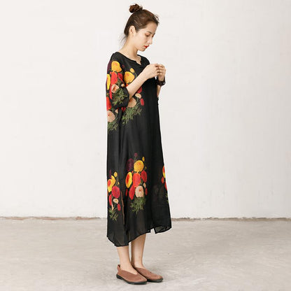 Thin And Light Casual Flowers Split Hem Dress
