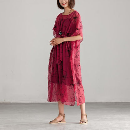 Thin Round Neck Printing Split Dress with Vest