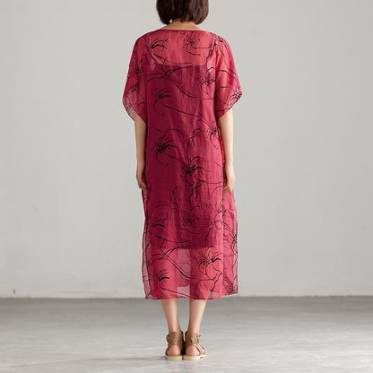 Thin Round Neck Printing Split Dress with Vest