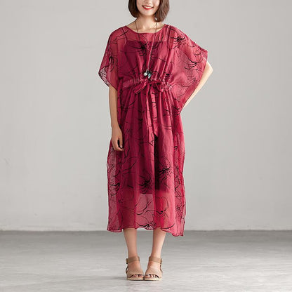Thin Round Neck Printing Split Dress with Vest