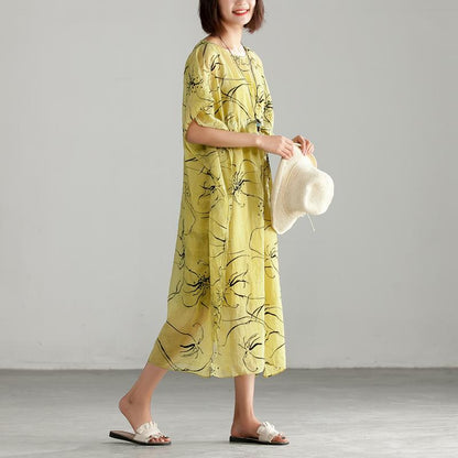 Thin Round Neck Printing Split Dress with Vest