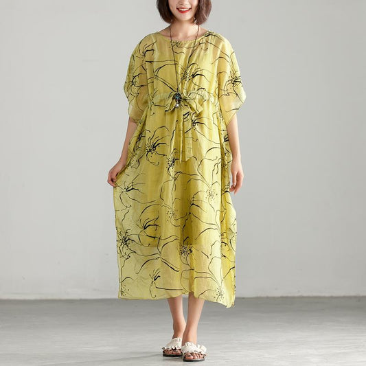 Thin Round Neck Printing Split Dress with Vest