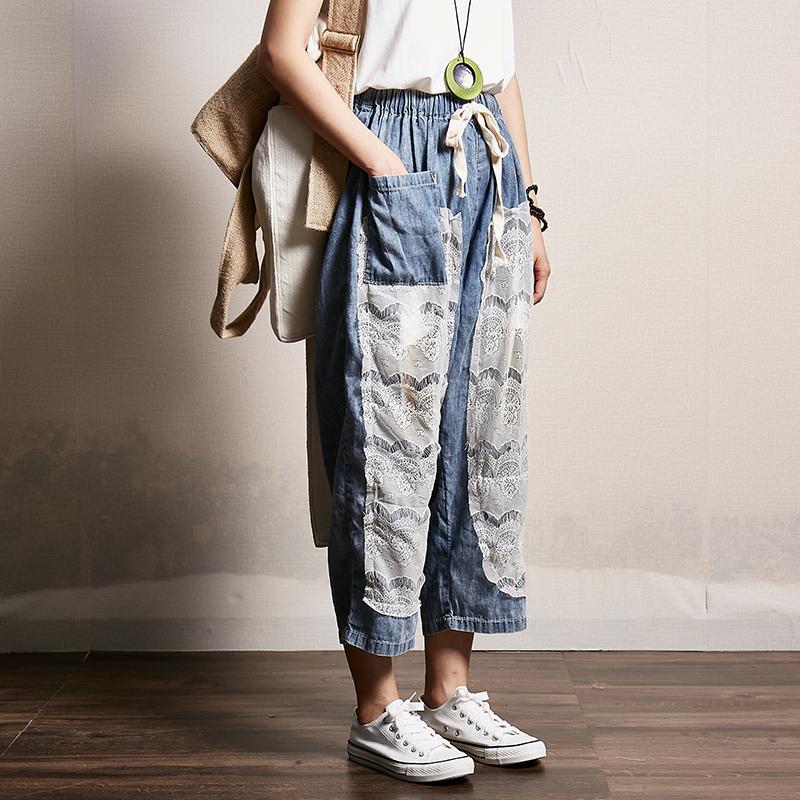 Transparent Lace Stitching Casual Fashion Jeans