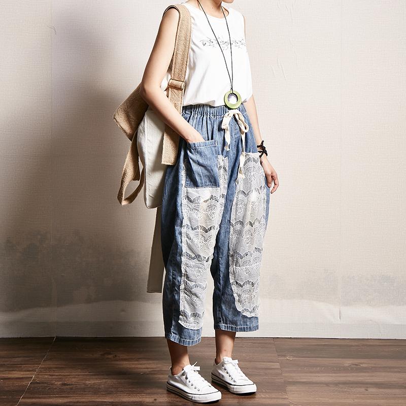 Transparent Lace Stitching Casual Fashion Jeans