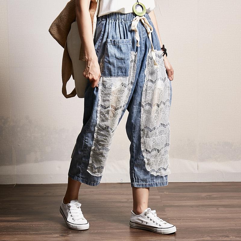 Transparent Lace Stitching Casual Fashion Jeans