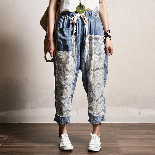 Transparent Lace Stitching Casual Fashion Jeans