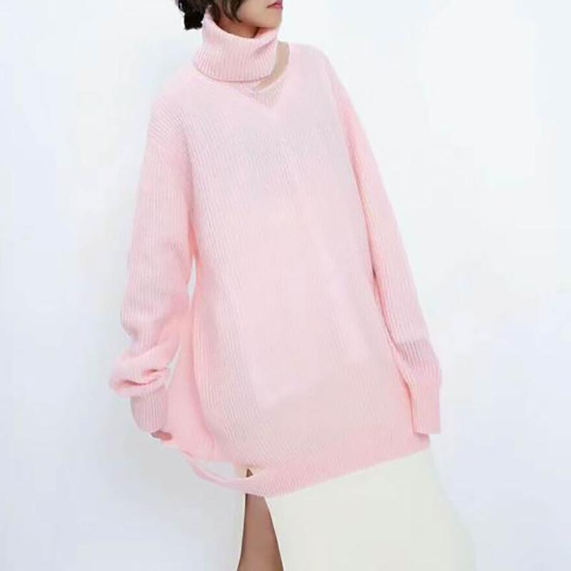 Transparent Turtleneck Thin Loose Split Women Sweater