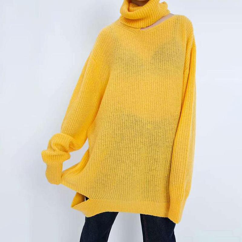 Transparent Turtleneck Thin Loose Split Women Sweater