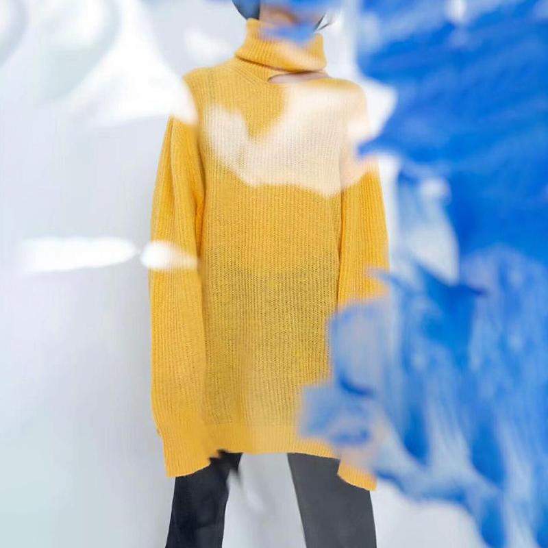 Transparent Turtleneck Thin Loose Split Women Sweater