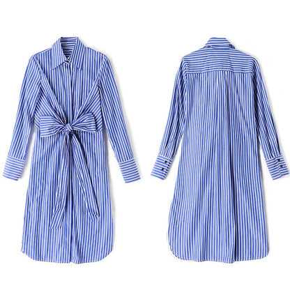 Turn-Down Collar Fashion Retro Striped Dress