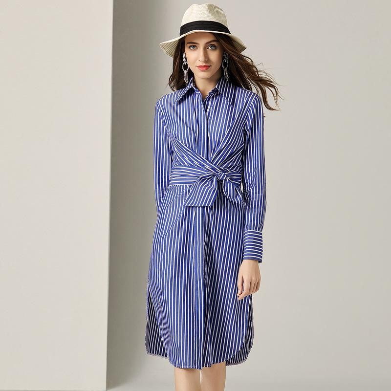 Turn-Down Collar Fashion Retro Striped Dress