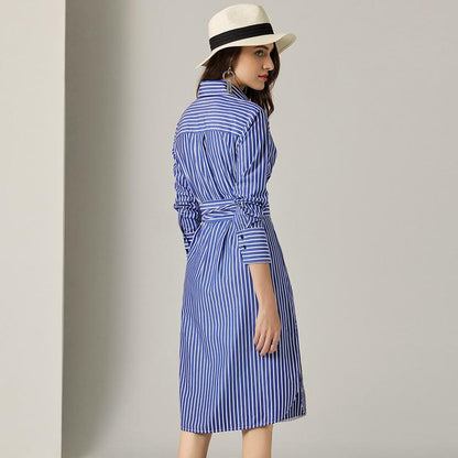 Turn-Down Collar Fashion Retro Striped Dress