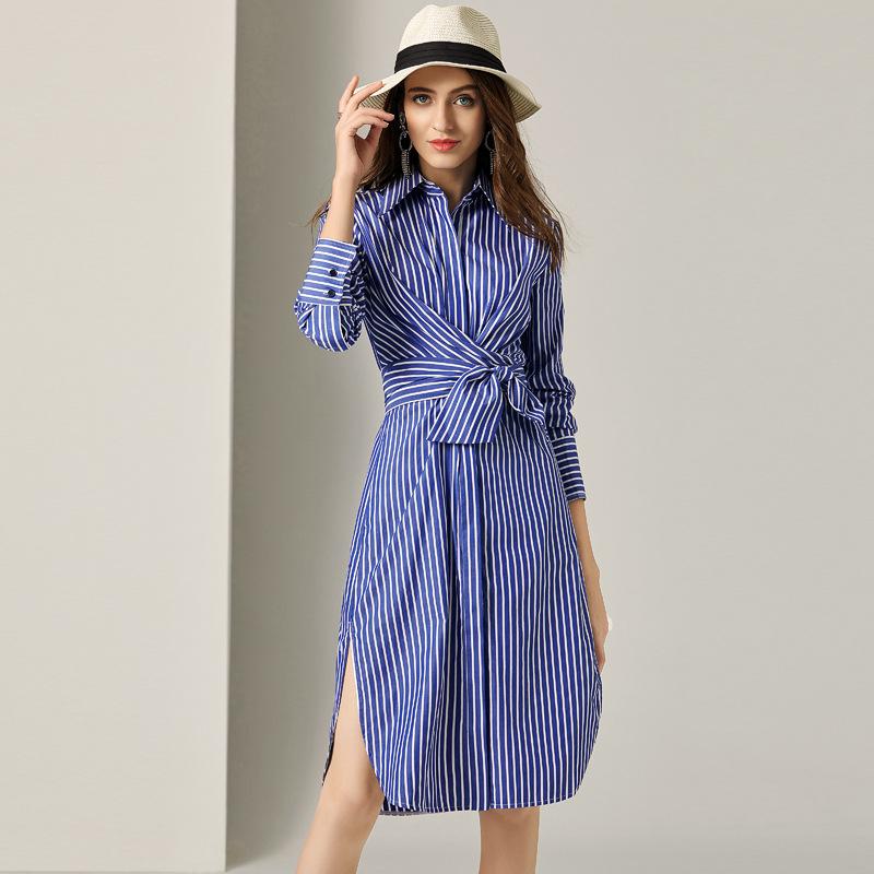 Turn-Down Collar Fashion Retro Striped Dress
