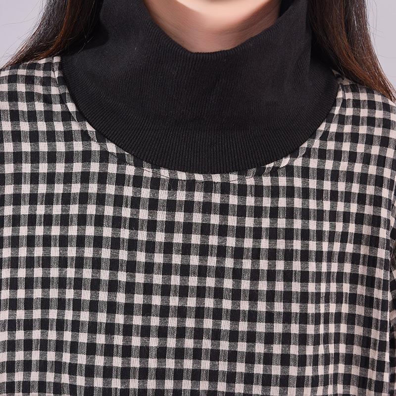 Turtleneck Plaid Lace Spliced Loose Dress