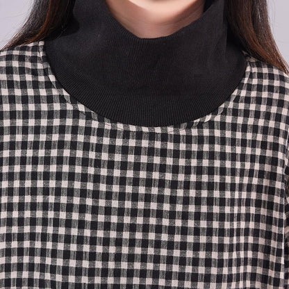 Turtleneck Plaid Lace Spliced Loose Dress