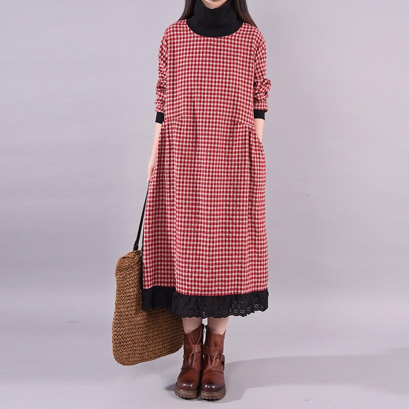 Turtleneck Plaid Lace Spliced Loose Dress