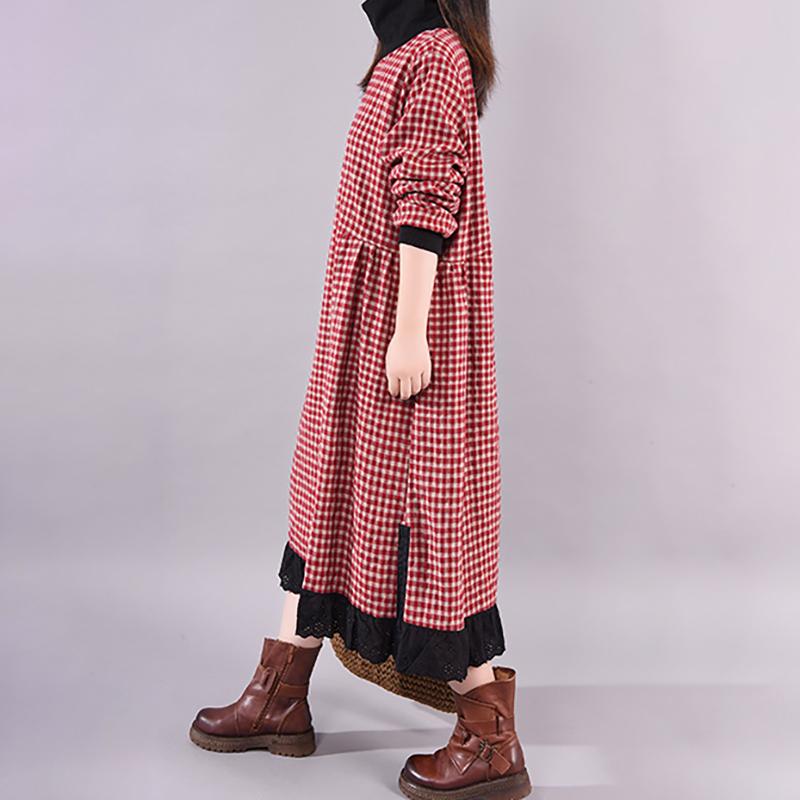 Turtleneck Plaid Lace Spliced Loose Dress
