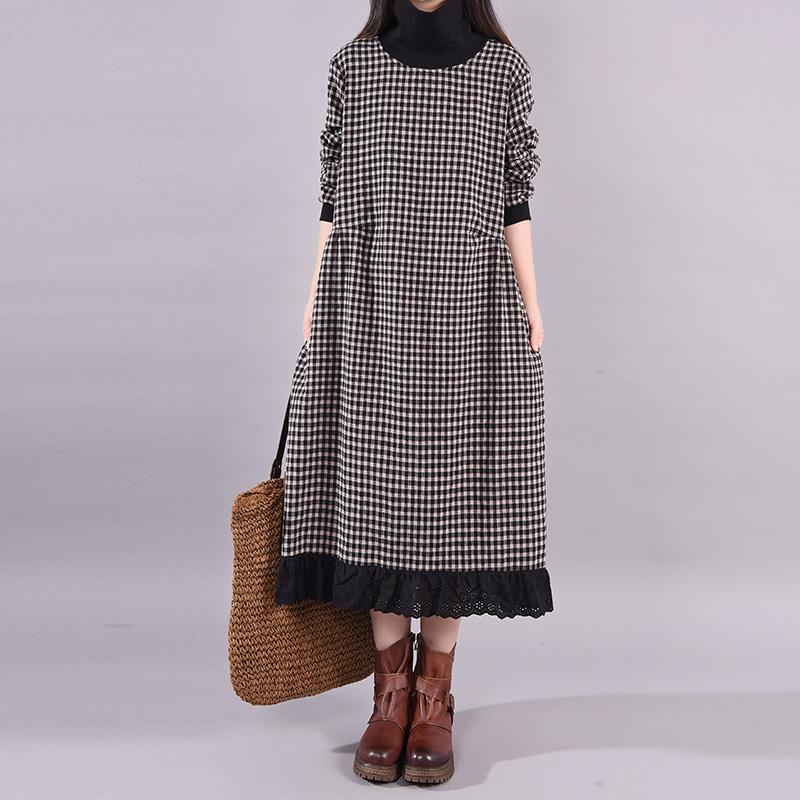 Turtleneck Plaid Lace Spliced Loose Dress