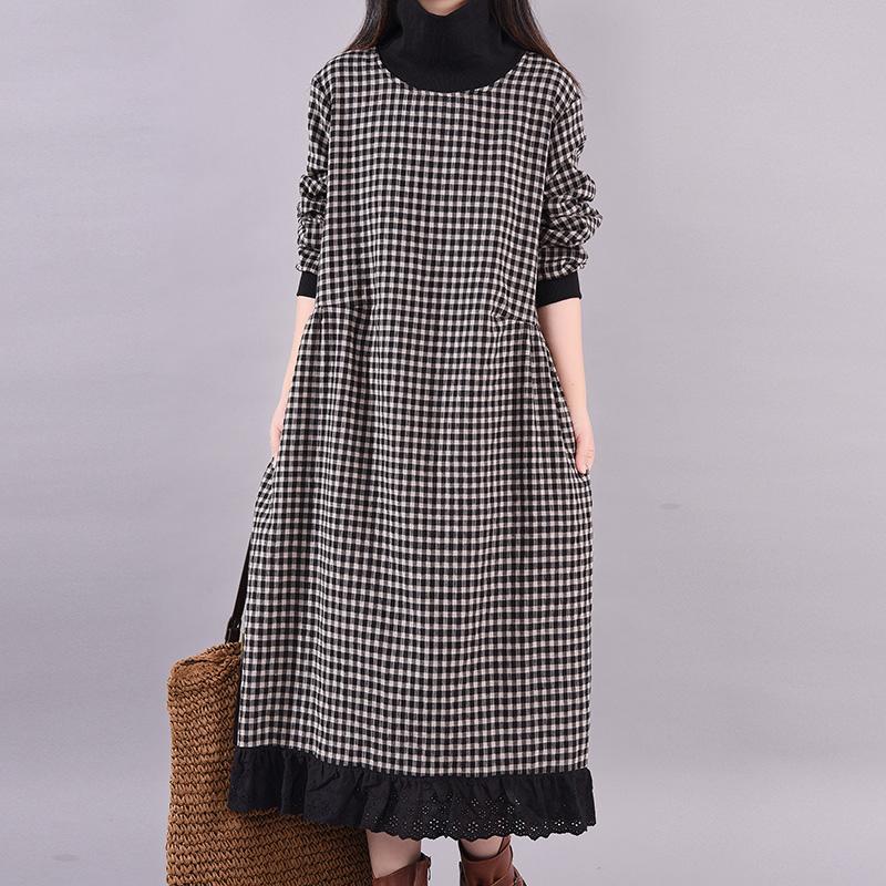 Turtleneck Plaid Lace Spliced Loose Dress