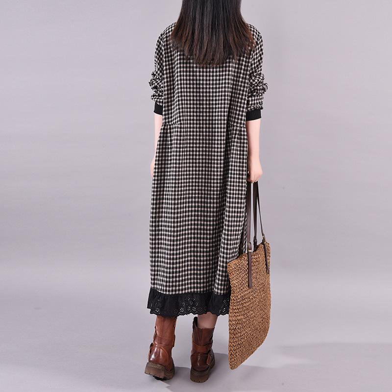 Turtleneck Plaid Lace Spliced Loose Dress