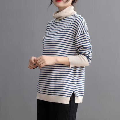 Turtleneck Spliced Stripe Casual Knit Shirt