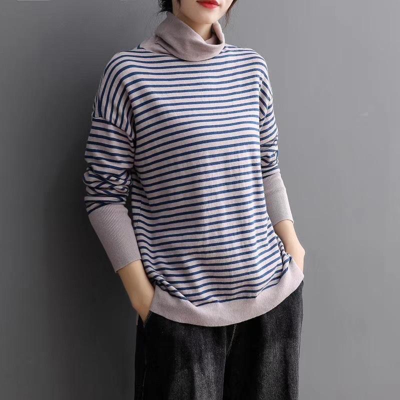 Turtleneck Spliced Stripe Casual Knit Shirt