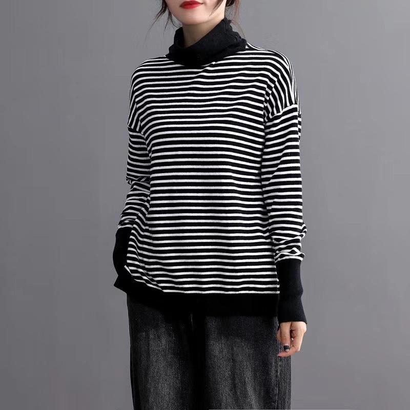 Turtleneck Spliced Stripe Casual Knit Shirt