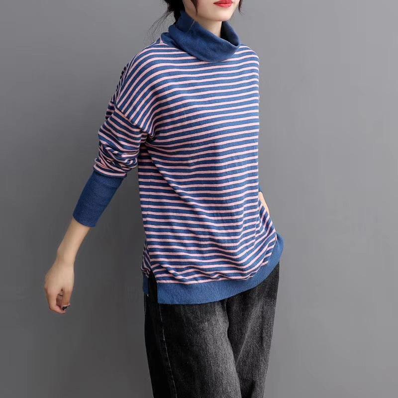 Turtleneck Spliced Stripe Casual Knit Shirt